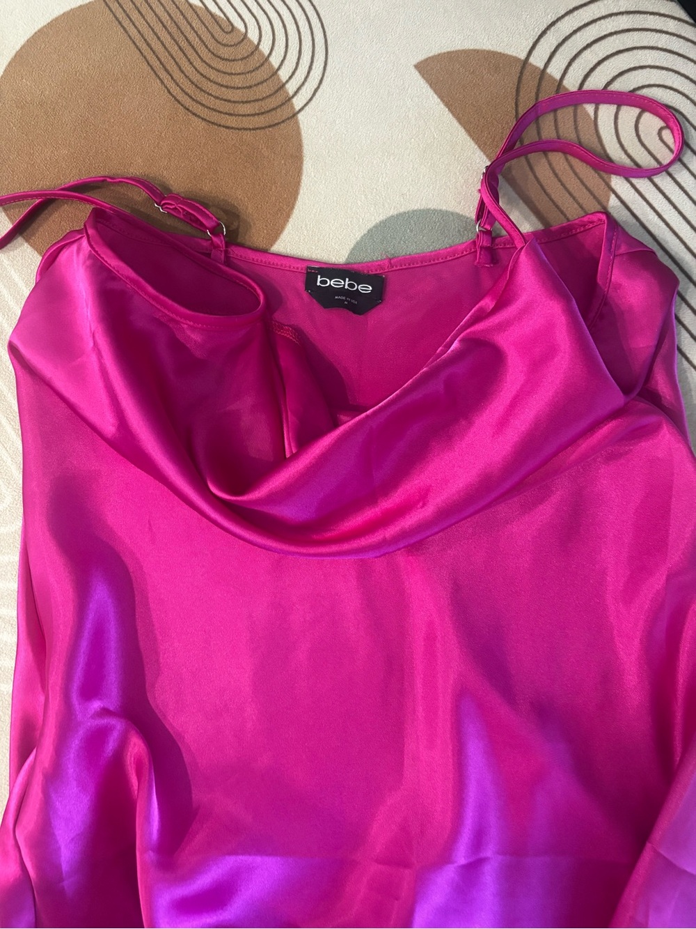 bebe Hot Pink Satin Cowl Neck Slip Dress